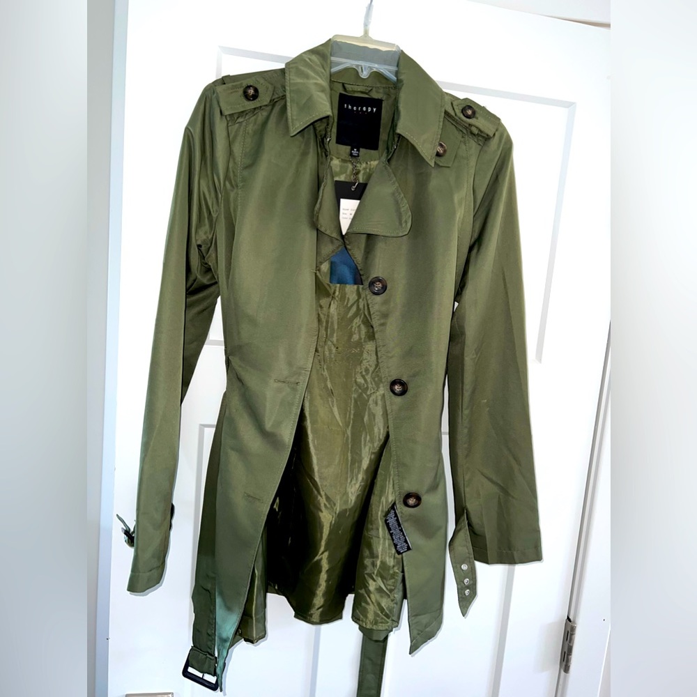 Therapy Womens military green belted button up trench coat